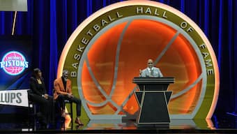 Class of 2024 inductee Chauncey Billups speaks alongside presenters Tina Thompson (‘18) and Ben Wallace (‘21) during the Naismith Memorial Basketball Hall of Fame Enshrinement. Reuters