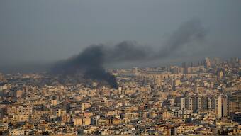 Smoke rise from Israeli airstrikes on Dahiyeh, Beirut's southern suburbs, Lebanon, on Wednesday. AP 