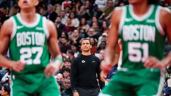 Boston Celtics head coach Joe Mazzulla looks on from the bench in a pre-season game against the Toronto Raptors. Reuters