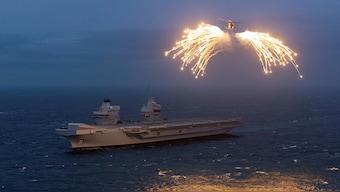 (File) The Royal Navy's Merlin helicopter from 820 Naval Air Squadron, fires flares after being airborne from HMS Prince of Wales, while embarked for NATO Exercise Steadfast Defender 2024, at an undisclosed location in this handout image released on February 28, 2024. Reuters