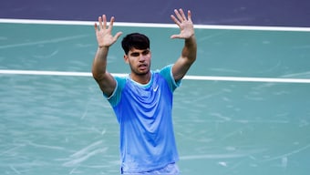 Spain's Carlos Alcaraz celebrates winning his round of 64 match against Chile's Nicolas Jarry. Reuters  
