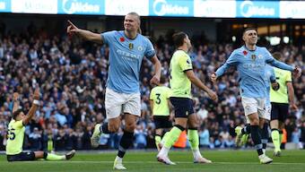 Erling Haaland celebrates after scoring the only goal of Manchester City's home game against Southampton in the Premier League. AP