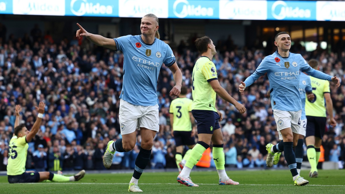 Erling Haaland celebrates after scoring the only goal of Manchester City's home game against Southampton in the Premier League. AP Erling Haaland celebrates after scoring the only goal of Manchester City's home game against Southampton in the Premier League. AP