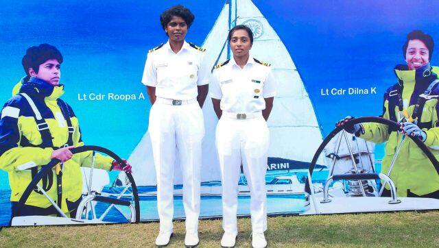 Indian Navy women officers, Lt Cdr Dilna K and Lt Cdr Roopa A, during a curtain raiser event on the mission of circumnavigating the globe with the second edition of Navika Sagar Parikrama expedition, in New Delhi. PTI