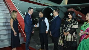Spanish President Pedro Sanchez lands in Vadodara. Image: X - @MEA