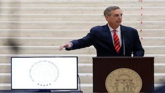 Secretary of State Brad Raffensperger speaks to the media during a press conference at the Georgia State Capitol on Wednesday to provide an update on early voting efforts. AP