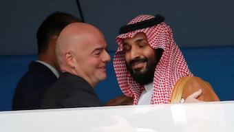 FIFA president Gianni Infantino with Saudi Arabian Crown Prince Mohammed Bin Salman at the 2018 FIFA World Cup Group A match between Russia and Saudi Arabia at the Luzhniki Stadium, Moscow. Reuters