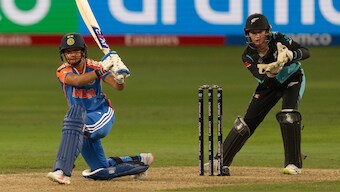 India captain Harmanpreet Kaur bats during the ICC Women's T20 World Cup match against New Zealand in Dubai. AP