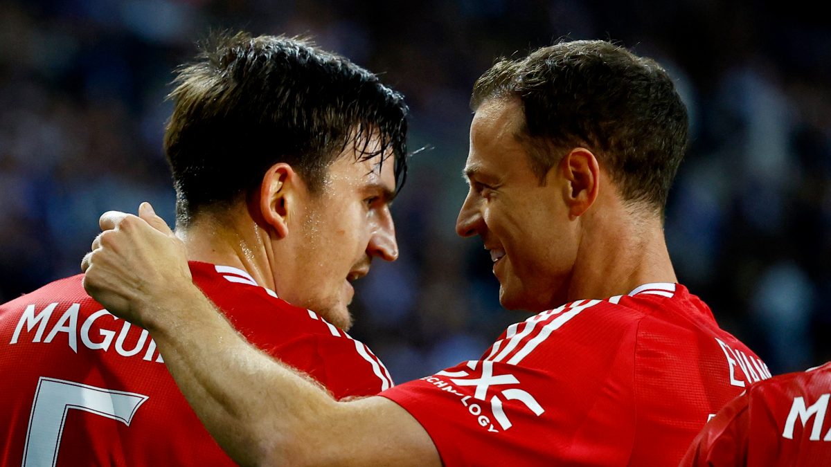 Harry Maguire celebrates with Jonny Evans after securing a draw for Man United vs Porto. Image: Reuters Harry Maguire celebrates with Jonny Evans after securing a draw for Man United vs Porto. Image: Reuters