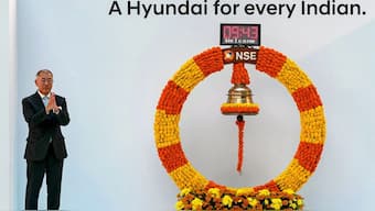 Executive chair at the South Korean automaker Hyundai Motor Group Euisun Chung gestures during the listing ceremony of Hyundai Motor India for its initial public offering (IPO) at the National Stock Exchange (NSE) in Mumbai on October 22, 2024. Source: AFP.