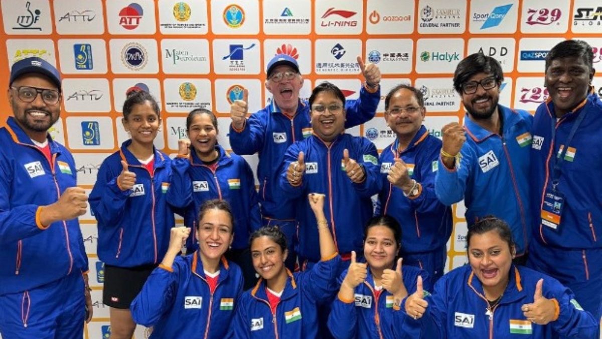 The India women's team celebrate beating South Korea in the Asian Table Tennis Championships in Astana on Tuesday. Image: X / @UltTableTennis The India women's team celebrate beating South Korea in the Asian Table Tennis Championships in Astana on Tuesday. Image: X / @UltTableTennis