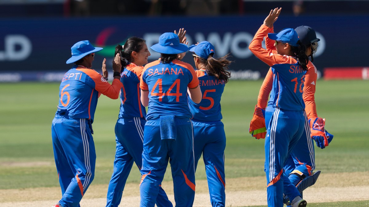 India pacer Renuka Singh Thakur celebrates with teammates after dismissing Pakistan opener Gull Feroze. AP India pacer Renuka Singh Thakur celebrates with teammates after dismissing Pakistan opener Gull Feroze. AP
