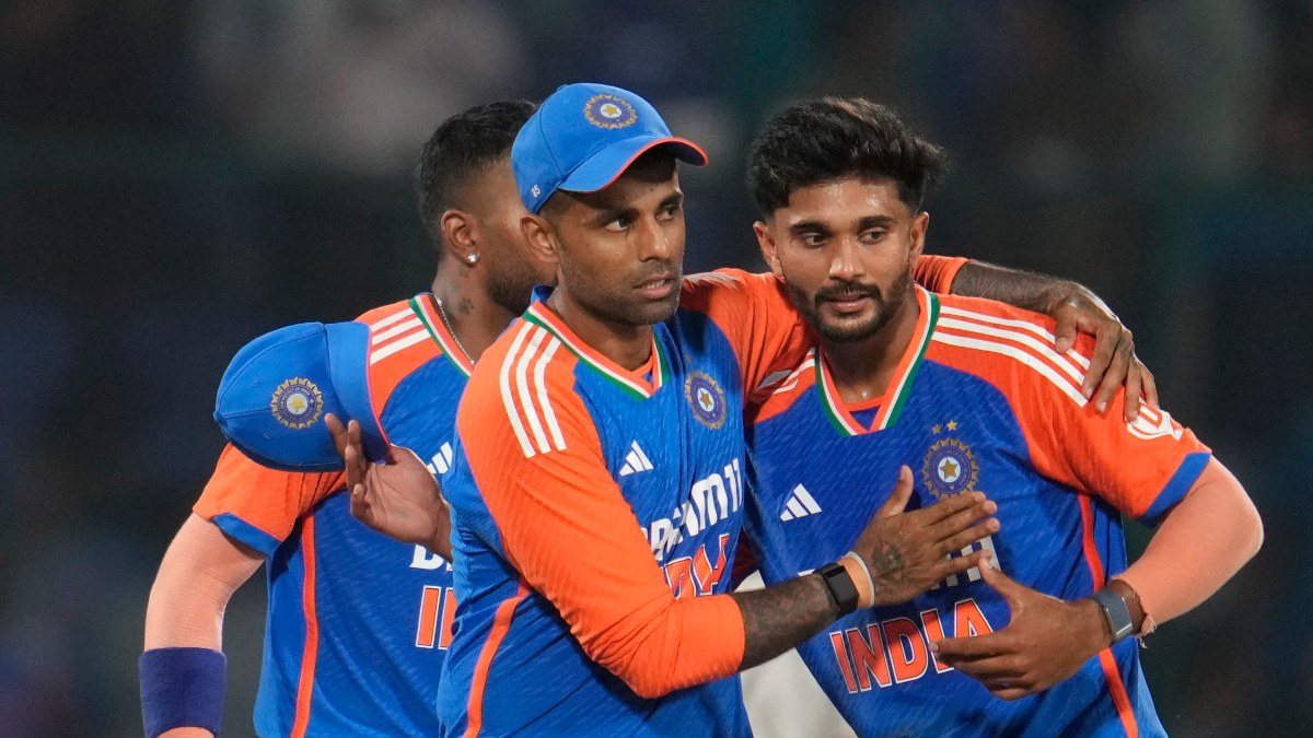 Captain Suryakumar Yadav, Nitish Reddy (right) and Hardik Pandya (background, face covered) celebrate India's 86-run victory over Bangladesh in the second T20I in Delhi on Wednesday, 10 October. AP Captain Suryakumar Yadav, Nitish Reddy (right) and Hardik Pandya (background, face covered) celebrate India's 86-run victory over Bangladesh in the second T20I in Delhi on Wednesday, 10 October. AP