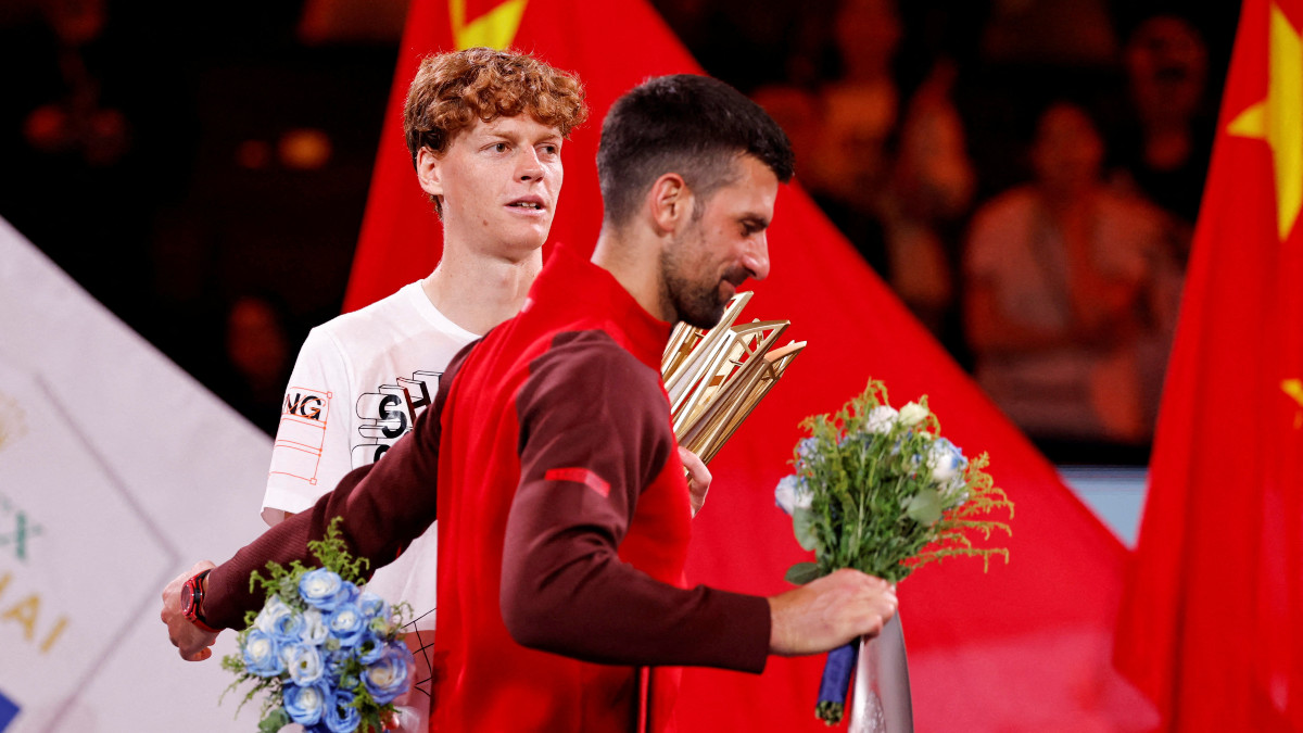 World No 1 Jannik Sinner and 24-time Grand Slam champion Novak Djokovic during the presentation ceremony in the ATP Shanghai Masters 1000 final in Shanghai, China. Reuters World No 1 Jannik Sinner and 24-time Grand Slam champion Novak Djokovic during the presentation ceremony in the ATP Shanghai Masters 1000 final in Shanghai, China. Reuters