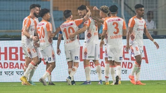 Jesus Jimenez Nunez of Kerala Blasters FC celebrates scoring against Mohammedan SC in the ISL on Sunday. ISL Media 