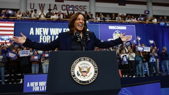 Democratic presidential nominee US Vice President Kamala Harris reacts during a campaign event at the University of Wisconsin-La Crosse in La Crosse, Wisconsin, US, October 17, 2024. File Image/Reuters