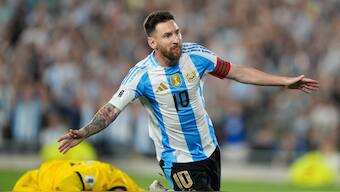 Argentine superstar Lionel Messi celebrates after scoring the first of his three goals against Bolivia in their 2026 FIFA World Cup Qualifying match in Buenos Aires. AP