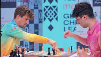 World No 1 Magnus Carlsen of Alpine SG Pipers in action against Triveni Continental Kings 'Icon' player Alireza Firouzja. Image credit: Screengrab of video posted by @GCLlive on X
