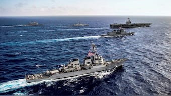 (File) Ships during the sea phase of tri-Nation Malabar 2017 Exercise comprising India, Japan and US navies, in Bay of Bengal near Chennai coast. PTI