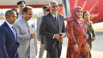 Maldives President Mohamed Muizzu and his wife Sajidha Mohamed arrive in New Delhi on Sunday, October 6, 2024. Source: PTI. 