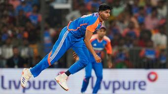 India pacer Mayank Yadav bowls during the first T20I against Bangladesh in Gwalior. AP