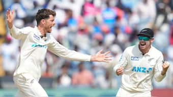 New Zealand are on verge of a first Test series win in India due to Mitchell Santner's bowling. Image: AP 
