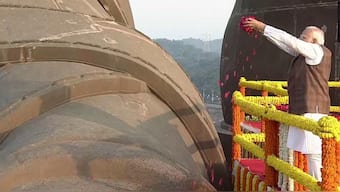 Prime Minister Narendra Modi pays tribute to Sardar Vallabhbhai Patel on his birth anniversary, at the Statue of Unity in Kevadia, Gujarat, October 31, 2024. Source: ANI.