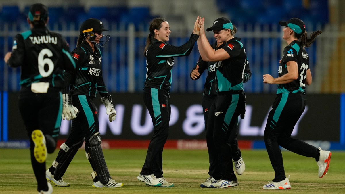 New Zealand's Fran Jonas celebrates with teammates after dismissing West Indies' Chedean Nation in the second semi-final of the 2024 ICC Women's T20 World Cup in Sharjah. AP New Zealand's Fran Jonas celebrates with teammates after dismissing West Indies' Chedean Nation in the second semi-final of the 2024 ICC Women's T20 World Cup in Sharjah. AP