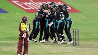 New Zealand players celebrate after defeating West Indies by 8 runs in the second semi-final of the ICC Women's T20 World Cup 2024 in Sharjah. Reuters