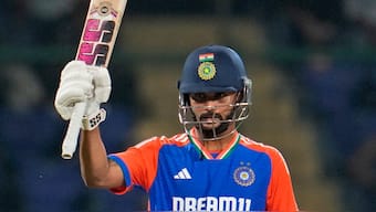 India all-rounder Nitish Reddy celebrates after bringing up his maiden international half-century in just his second appearance during the second T20I against Bangladesh in Delhi. AP
