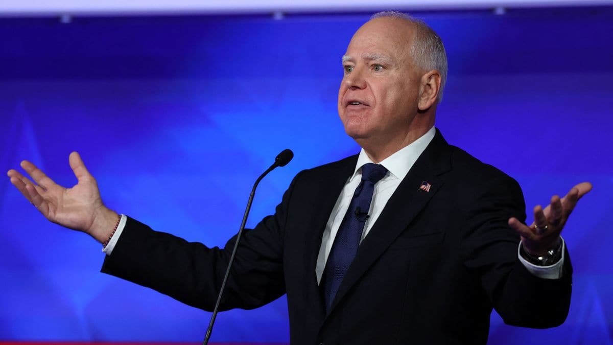 Democratic vice presidential nominee Minnesota Governor Tim Walz gestures as he speaks during a debate with Republican vice presidential nominee US Senator JD Vance (R-OH) hosted by CBS in New York, US, October 1, 2024. File Image/Reuters
