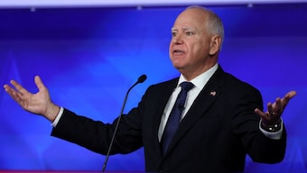 Democratic vice presidential nominee Minnesota Governor Tim Walz gestures as he speaks during a debate with Republican vice presidential nominee US Senator JD Vance (R-OH) hosted by CBS in New York, US, October 1, 2024. File Image/Reuters