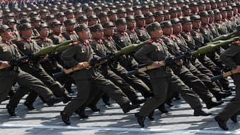 North Korean soldiers march during a mass military parade in Pyongyang's Kim Il Sung Square to celebrate 100 years since the birth of North Korean founder, Kim Il Sung on April 15, 2012. AP File