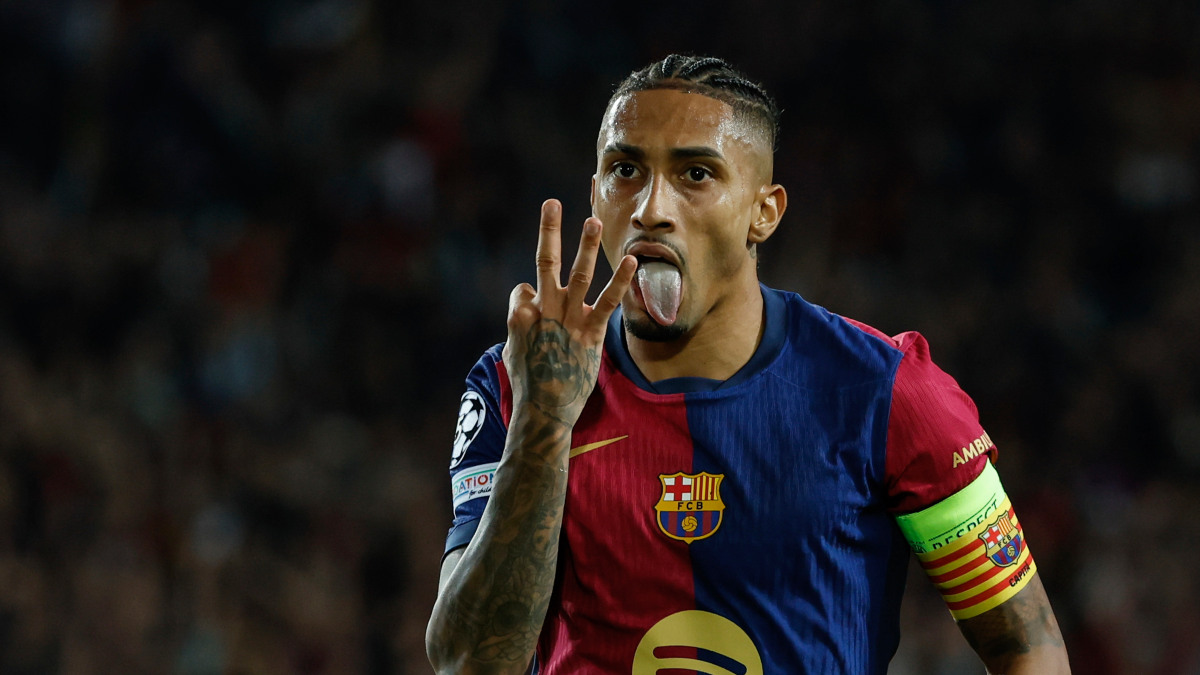 Barcelona's Raphina celebrates after completing his hat-trick in the UEFA Champions League home fixture against Bayern Munich. AP Barcelona's Raphina celebrates after completing his hat-trick in the UEFA Champions League home fixture against Bayern Munich. AP