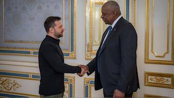 In this photo provided by the Press Service Of The President Of Ukraine on Oct. 21, 2024, U.S. Secretary of Defense Lloyd Austin, right, and Ukraine's President Volodymyr Zelenskyy shake hands during their meeting in Kyiv, Ukraine. Image- AP