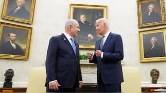 President Joe Biden, right, talks with Israeli Prime Minister Benjamin Netanyahu, left, in the Oval Office of the White House in Washington, July 25, 2024. File Image- AP