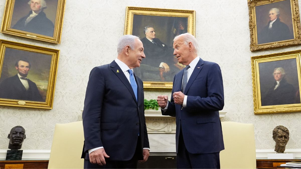 President Joe Biden, right, talks with Israeli Prime Minister Benjamin Netanyahu, left, in the Oval Office of the White House in Washington, July 25, 2024. File Image- AP President Joe Biden, right, talks with Israeli Prime Minister Benjamin Netanyahu, left, in the Oval Office of the White House in Washington, July 25, 2024. File Image- AP
