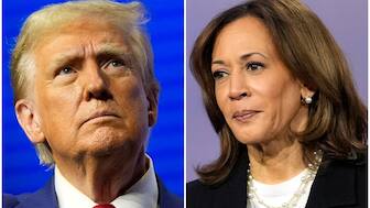 (File) This combination of images shows Republican presidential nominee former President Donald Trump and Democratic presidential nominee Vice President Kamala Harris at separate campaign events. AP