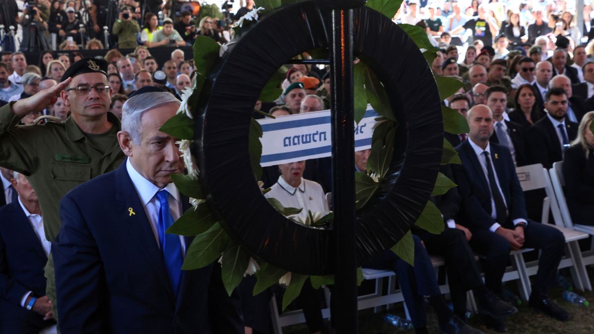 Israel's Prime Minister Benjamin Netanyahu takes part in a ceremony marking the Hebrew calendar anniversary of the Hamas attack on October 7 last year that sparked the ongoing war in Gaza, at the Mount Herzl military cemetery in Jerusalem, Israel Sunday Oct. 27, 2024. Image- AP Israel's Prime Minister Benjamin Netanyahu takes part in a ceremony marking the Hebrew calendar anniversary of the Hamas attack on October 7 last year that sparked the ongoing war in Gaza, at the Mount Herzl military cemetery in Jerusalem, Israel Sunday Oct. 27, 2024. Image- AP