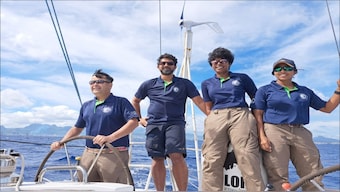 Roopa and Dilna train under the watchful eyes of Capt Manish Sain (left) and Cdr Abhilash Tomy (second from left) 