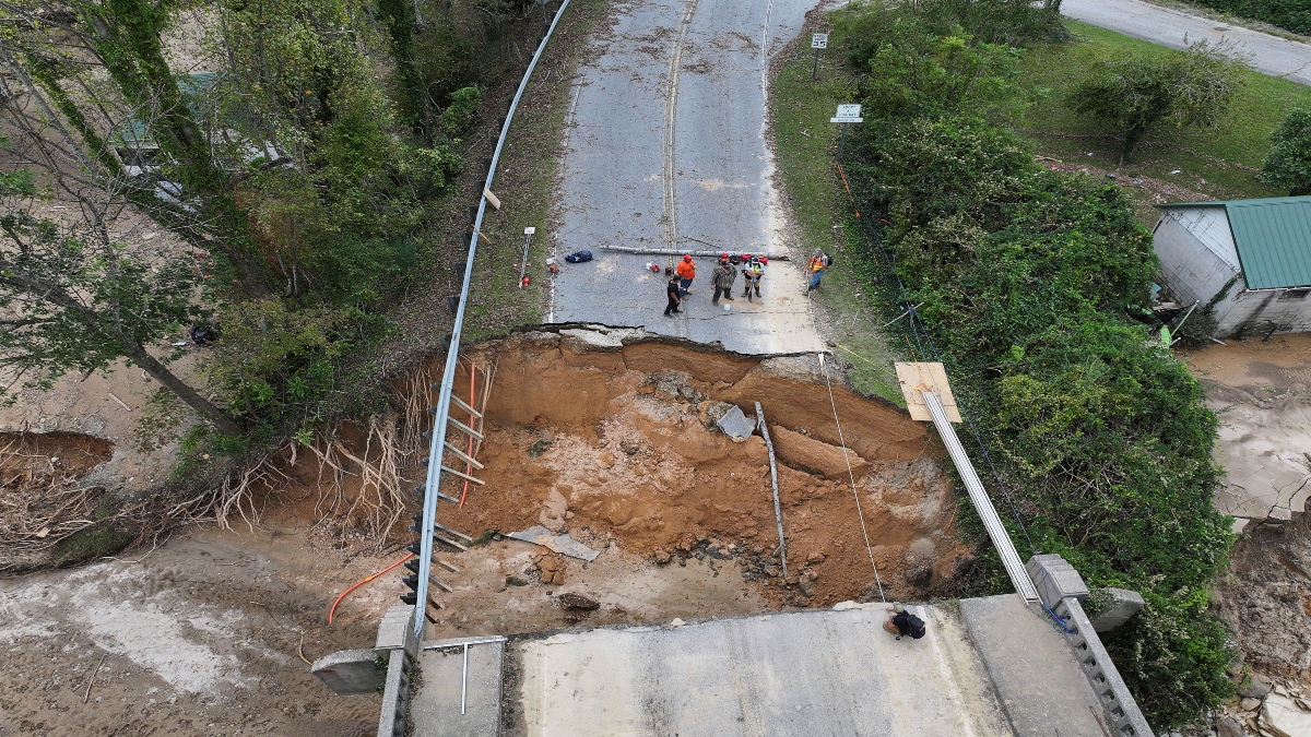 A drone view shows damage to US Route 64, following the passing of Hurricane Helene, Bat Cave, North Carolina, US, on Monday. Reuters A drone view shows damage to US Route 64, following the passing of Hurricane Helene, Bat Cave, North Carolina, US, on Monday. Reuters
