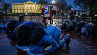 (File) Pro-Palestinian demonstrators pray as they gather near the White House to call for a ceasefire in Gaza during a protest as part of the "People's White House Ceasefire Now Iftar" outside the White House on April 2, 2024 in Washington, DC. AFP