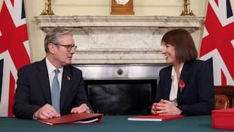 Britain's Prime Minister Keir Starmer meets with Britain's Chancellor of the Exchequer Rachel Reeves, days before the announcement of the first budget at Downing Street in London. Reuters
