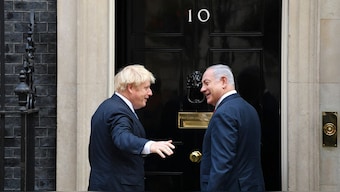 Britain's Prime Minister Boris Johnson greets Israel's Prime Minister Benjamin Netanyahu outside 10 Downing Street in central London on September 5, 2019. AFP file