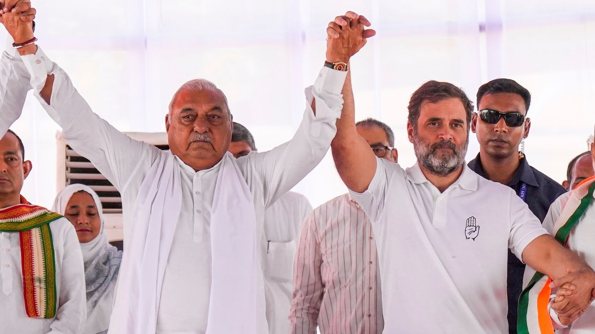 Congress leader Rahul Gandhi with former Haryana CM Bhupinder Singh Hooda during the party's Haryana Vijay Sankalp Jansabha, ahead of Assembly polls, in Nuh, Haryana, October 3, 2024. File Photo/PTI Congress leader Rahul Gandhi with former Haryana CM Bhupinder Singh Hooda during the party's Haryana Vijay Sankalp Jansabha, ahead of Assembly polls, in Nuh, Haryana, October 3, 2024. File Photo/PTI