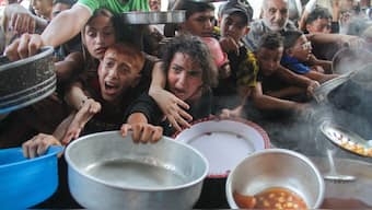Palestinians gather to receive food cooked by a charity kitchen, amid the Israel-Hamas conflict, in the northern Gaza Strip, September 11, 2024. REUTERS