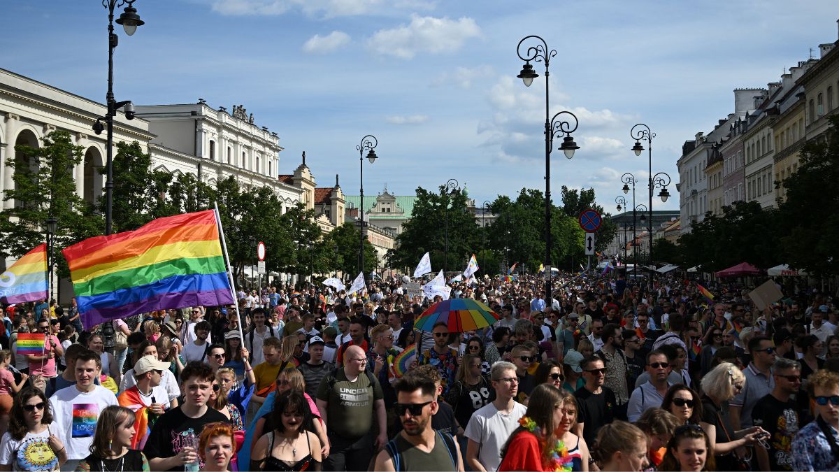Participants parade through the streets during the Warsaw Pride Parade in Warsaw, Poland on June 15, 2024. AFP Participants parade through the streets during the Warsaw Pride Parade in Warsaw, Poland on June 15, 2024. AFP