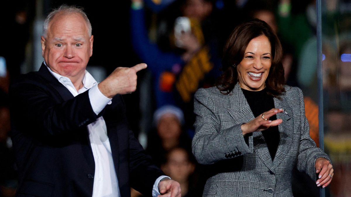 Democratic presidential nominee US Vice President Kamala Harris and Democractic Vice-Presidential candidate Tim Walz gesture from the stage during a campaign rally in Ann Arbor, Michigan, US October 28, 2024. Reuters Democratic presidential nominee US Vice President Kamala Harris and Democractic Vice-Presidential candidate Tim Walz gesture from the stage during a campaign rally in Ann Arbor, Michigan, US October 28, 2024. Reuters