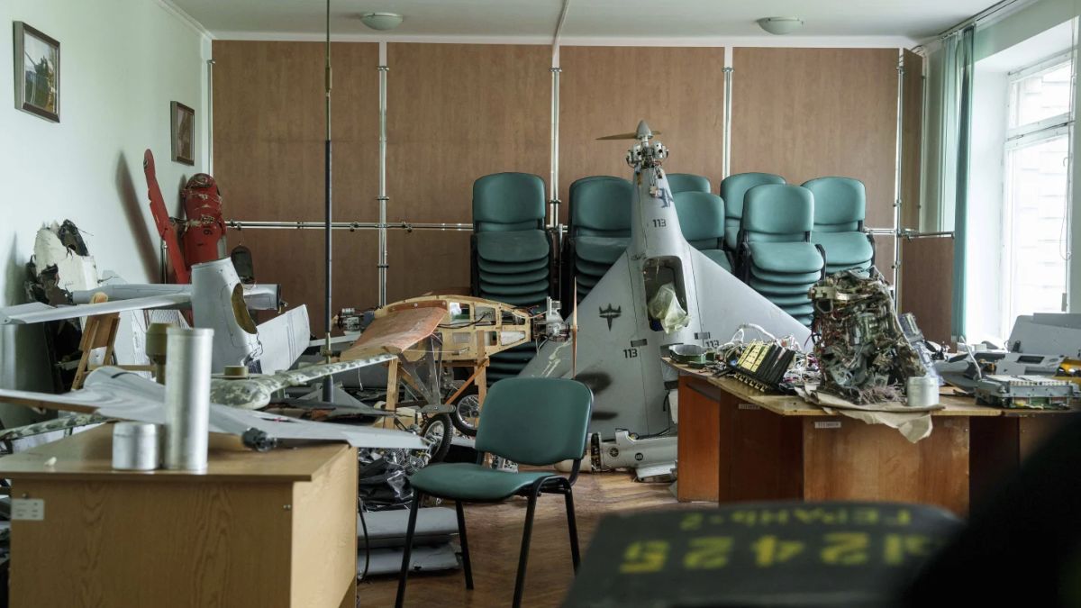 Parts of downed Shahed drones launched by Russia are piled in a storage room of a research laboratory in Kyiv, Ukraine. AP
Parts of downed Shahed drones launched by Russia are piled in a storage room of a research laboratory in Kyiv, Ukraine. AP