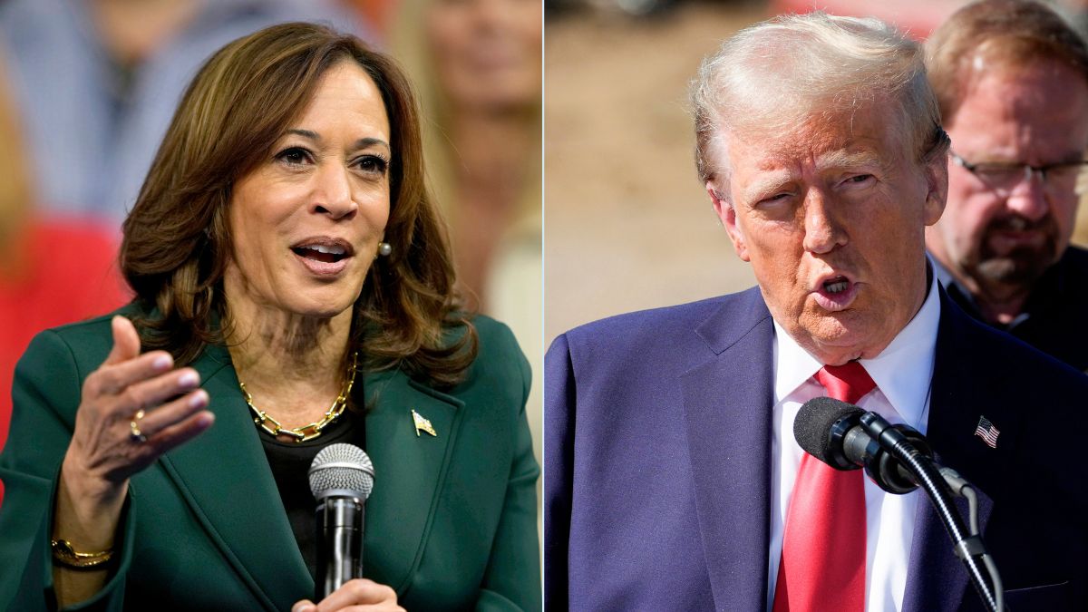 Kamala Harris speaking during a town hall in Malvern, Pennsylvania, left, and Donald Trump delivering remarks on Hurricane Helene in Swannanoa, North Carolina. AP Kamala Harris speaking during a town hall in Malvern, Pennsylvania, left, and Donald Trump delivering remarks on Hurricane Helene in Swannanoa, North Carolina. AP